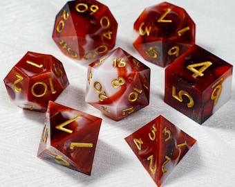 Red and White D&D Dice Set - Handmade Sharp Edged Dice,Complete Set of DND Dice,Dragon and Dungeon Polyhedral RPG,Role Playing Game MTG