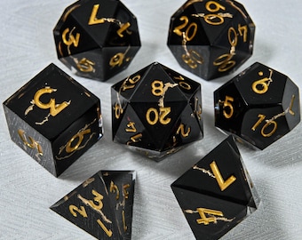 Schwarz GoldLeaf Dnd Würfel Set - Handgemachter DND Würfel mit scharfen Kanten aus Harz,Polyeder Würfel,Dungeons and Dragons,RPG Würfel,MTG Spiel Geschenk zum Geburtstag