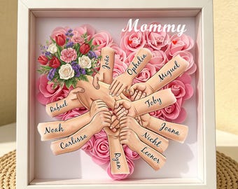 Custom Holding Hands Shadow Box For Mom, Heart Shaped Rose Shadow Box with Kids Name, 2026 Mother's Day Gift