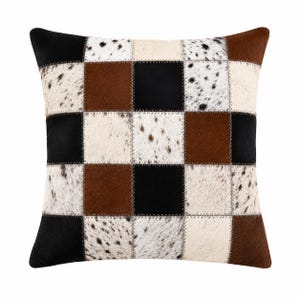 Cowhide Patchwork Pillow Cover, Genuine Leather Cushion Cover, Black White Brown Throw Pillow, Rustic Farmhouse Western Decor