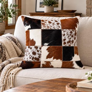 Handcrafted Cowhide Patchwork Pillow Cover, Genuine Hair-On Hide Cushion, Western Farmhouse Decor