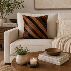 Cowhide Patchwork Pillow Cover, Brown Leather Cushion, Hair on Hide Accent Pillow, Rustic Boho Sofa Decor