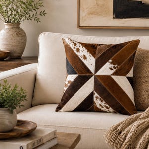Genuine Brown Cowhide Patchwork Cushion Cover | Handmade Leather Throw Pillow | Geometric Farmhouse Decor | Rustic Western Accent Pillow