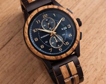 Handcrafted Ebony & Zebra Wood Watch | Vintage Style Men's Wristwatch
