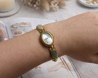 Natural Jade Bracelet Watch for Women – Gold Quartz Luxury Wristwatch, Elegant Oval Ladies Watch, Gift for Her, Minimalist Jewelry Watch