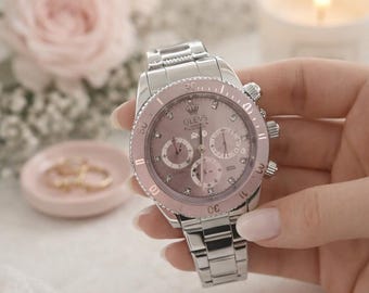 Elegant Women's Chronograph Watch – Pink Crystal Dial, Stainless Steel