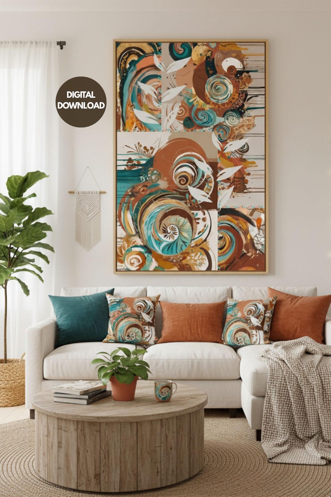 View of Bohemian Abstract Art , Terracotta Wall Print , Digital Boho Home ...