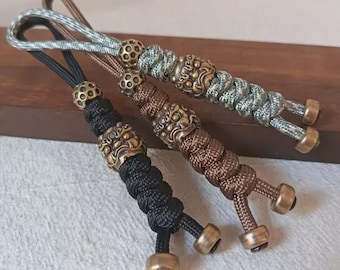 Hand-Carved Brass Lucky Lion Lanyard Bead | EDC Knife Charm, Slingshot Pendant, Paracord Keychain Accessory