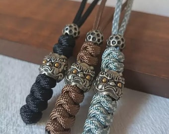 Hand-Carved Fortune Lion White Copper Lanyard Bead | EDC Knife Charm, Slingshot Pendant, Paracord Keychain Accessory
