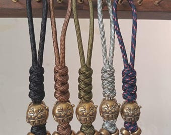 Hand-Carved Brass Lucky Cat Lanyard Bead | EDC Knife Charm, Slingshot Pendant, Paracord Keychain, Backpack Accessory