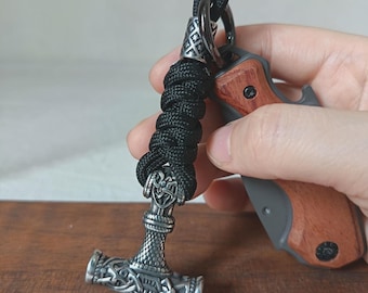 Hand-Carved Thor's Hammer Titanium Steel Lanyard Bead | Viking Mjolnir EDC Knife Charm, Slingshot Pendant, Paracord Keychain Accessory