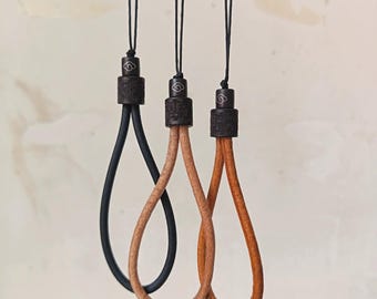 Hand-Carved Auspicious Cloud Full-Grain Leather Lanyard | Sandalwood Clasp EDC Knife Strap, Keychain, Slingshot Pendant, Backpack Charm