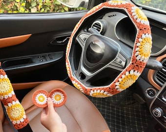 Crochet Daisy Car Accessories: Steering Wheel Cover & Seatbelt Covers