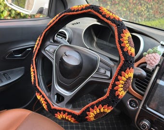 Crochet vintage sunflower Car Accessories: Steering Wheel Cover & Seatbelt Covers