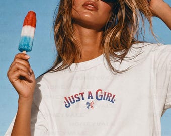 Just A Girl Patriotic Shirt, Comfort Colors American Flag Bow Tee, Vintage 4th Of July T-Shirt, USA Girl Shirt, Distressed Americana Tshirt