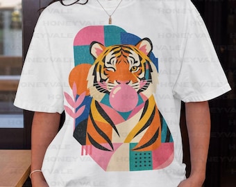 Camiseta com estampa geométrica de tigre, camiseta Comfort Colors Bubblegum Tiger, camiseta colorida de felino selvagem, camiseta retrô de tigre, camiseta divertida para amantes de tigres