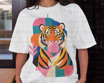 Camiseta retrô de tigre, camiseta de tigre chiclete, camiseta Comfort Colors colorida de felino selvagem, camiseta divertida para amantes de tigres