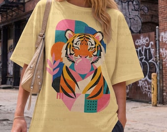 Camiseta Tigre, Camiseta Tigre Chiclete Comfort Colors, Camiseta Felino Selvagem Colorido, Camiseta Tigre Retrô, Camiseta Divertida para Amantes de Tigres