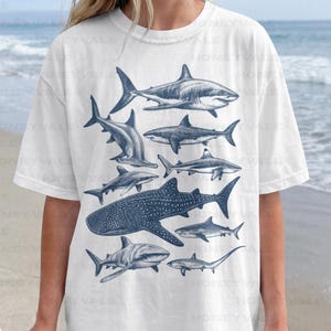 T-shirt med vintagemotiv för hajarter, t-shirt med komfortfärger för havsrovdjur, t-shirt med marinbiologi, t-shirt med vetenskaplig haj, t-shirt med nautisk djurliv