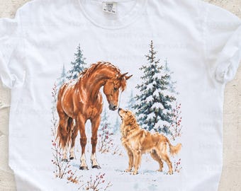 Horse And Dog Shirt, Winter Horse Lover T-shirt, Golden Retriever Lover Tee, Watercolor Equestrian Gift Tshirt, Horse Mom Christmas T Shirt