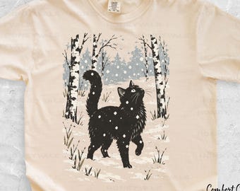 Winter Black Cat Shirt, Cat Mom Christmas T-shirt, Snowy Winter Forest Cat Tee, Comfort Colors Woodland Cat Tshirt, Cat Lover Gift T Shirt