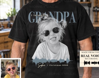 Personalized Grandpa Shirt, Custom Grandpa Photo T-shirt, Christmas Gift for Grandpa, Grandpa Gift From Grandkids, Custom Sound Wave Shirt