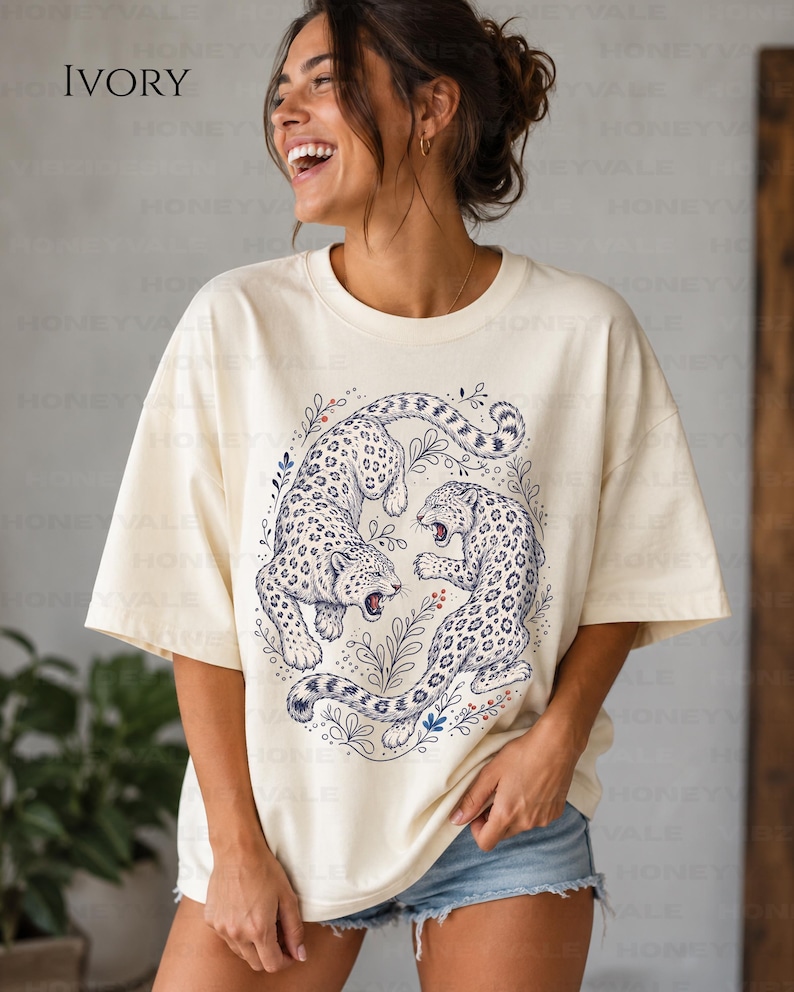Snow Leopard Shirt, Comfort Colors Wildlife Tee, Botanical Big Cat T Shirt, Nature Lover Tshirt, Wild Cat Illustration Shirt image 1
