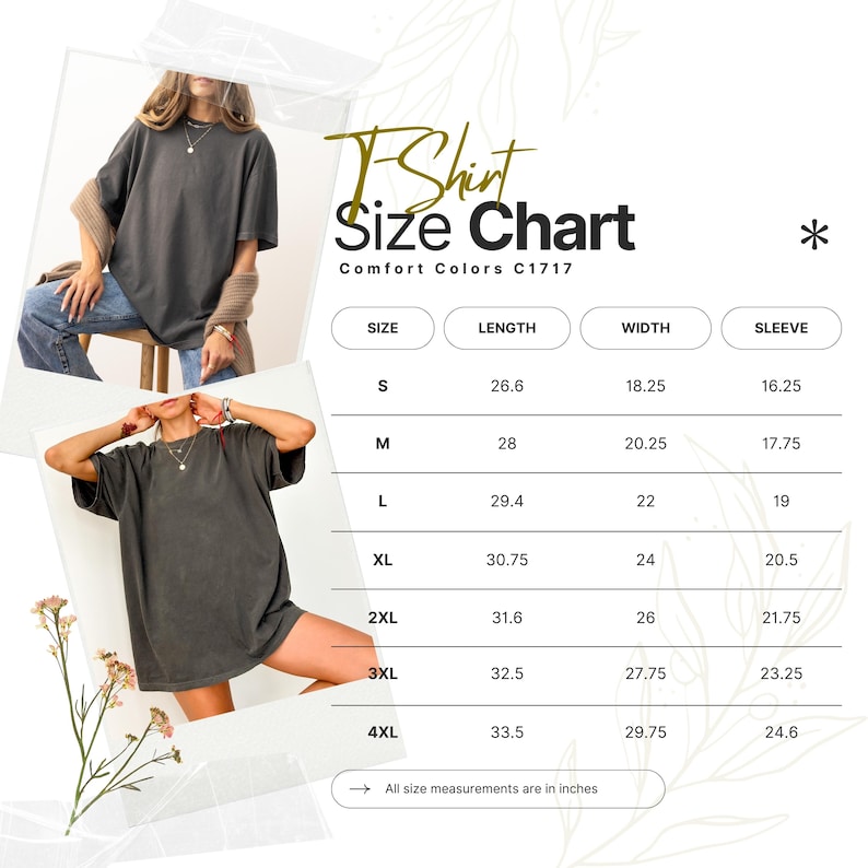 Pode incluir: Uma tabela de tamanhos de camiseta para Comfort Colors C1717 com duas fotos de uma camiseta cinza chumbo. A tabela lista os tamanhos de P a 4GG com as medidas de comprimento, largura e manga em polegadas. Todas as medidas est&atilde;o em polegadas.