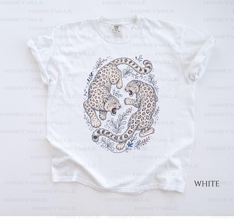 Snow Leopard Shirt, Comfort Colors Wildlife Tee, Botanical Big Cat T Shirt, Nature Lover Tshirt, Wild Cat Illustration Shirt White