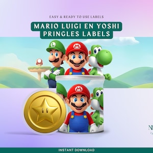 Op de afbeelding: Een kleurrijke afbeelding met Mario, Luigi en Yoshi-personages, met de tekst "MARIO LUIGI EN YOSHI PRINGLES LABELS". Een gouden munt met een ster staat op de voorgrond. De achtergrond toont een landschap met een paddenstoel.