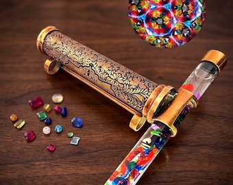 Brass Kaleidoscope with Stand – Liquid-Filled Glitter Display, Mesmerizing Colors
