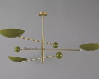 Lámpara colgante moderna de mediados de siglo, verde oliva y dorada, de 3 luces