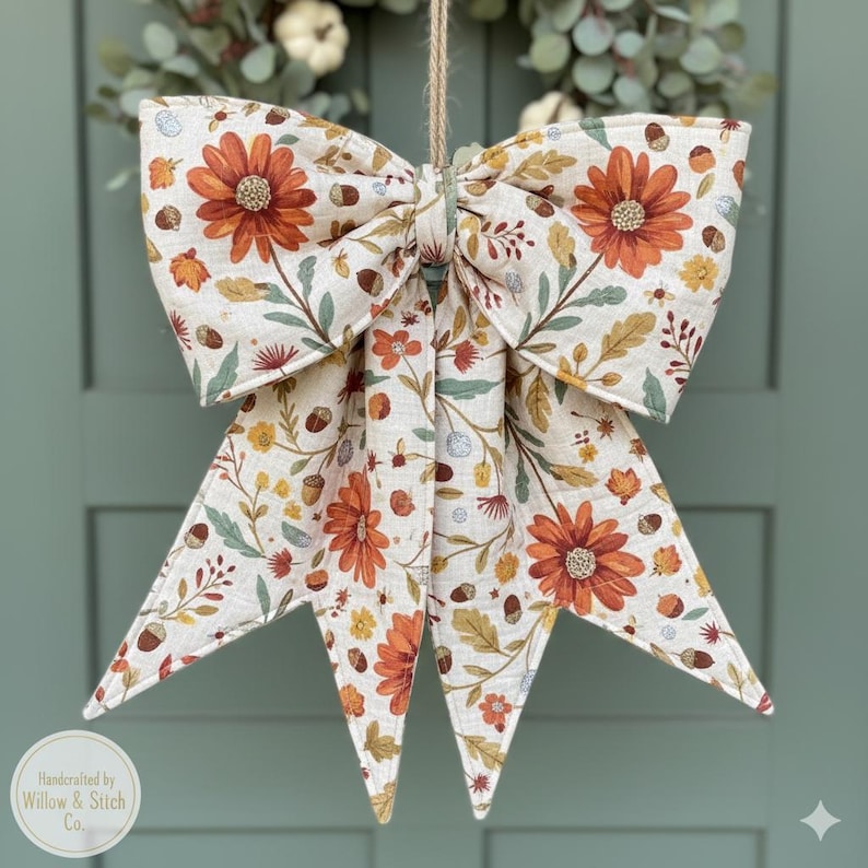 May include: A large, decorative bow with a fall floral pattern. The bow features orange flowers, green leaves, and acorns on a cream-colored background. It is suspended by a natural twine string, perfect for seasonal decor.