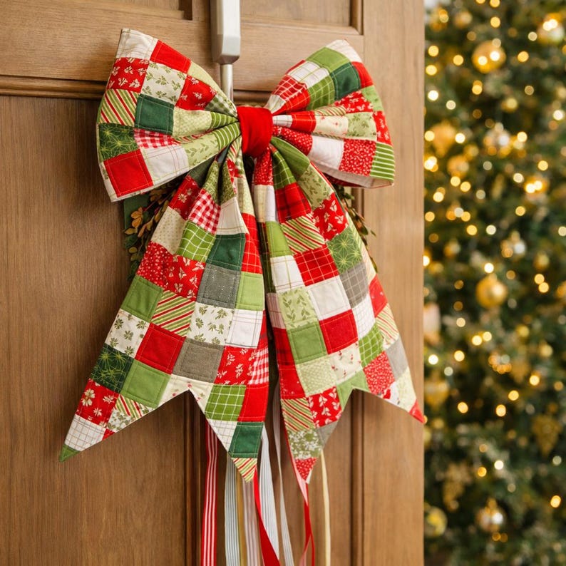 May include: A large, quilted Christmas bow with a patchwork design in red, green, and white squares. The bow is attached to a wooden door with a red velvet centre and long, colourful ribbons hanging down. A Christmas tree is visible in the background.