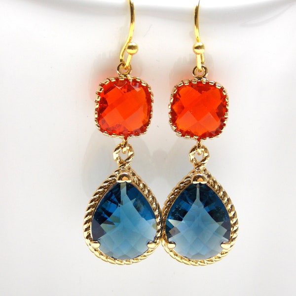 Orange Earrings, Navy Blue, Glass, Gold, Dark Orange, Tangerine, Bridesmaid Jewelry, Wedding Jewelry, Bridesmaid Earrings, Bridesmaid Gifts