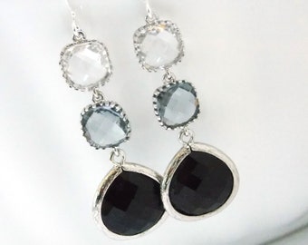 Black Earrings, Gray Earrings, Grey, Crystal Earrings, Silver, Glass, Friend Gift, Bridesmaid Jewelry, Bridesmaid Earrings, Bridesmaid Gift