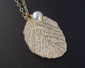 Leaf Necklace, Gold Leaf Pendant, Gold Necklace, Real Leaf, White Pearl Necklace, Bridesmaid Necklace, Bridesmaid Gifts