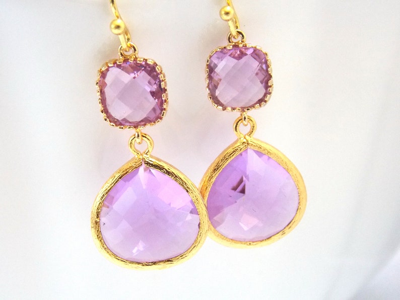 Lavender Earrings, Gold, Glass Earrings, Violet, Purple, Lilac, Bridesmaid Jewelry, Bridesmaid Earrings, Bridal Jewelry, Bridesmaid Gifts image 1