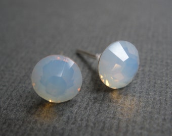 White Opal Stud Earrings, Opal Earrings, Crystal Earrings, Swarovski Crystal, Post Earrings, Silver, Opalescent, Bridesmaid Gifts