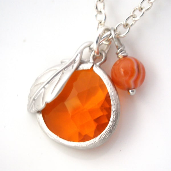 Orange Necklace, Friend Gift, Birthday Gift, Glass Necklace, Orange Jewelry, Leaf, Dusty Orange, Tangerine, Carnelian, Bridesmaid Gifts