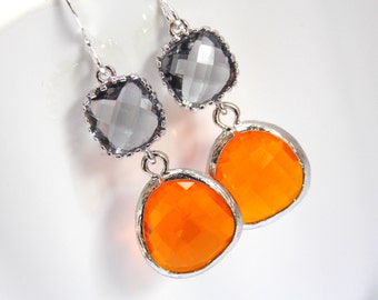 Orange Earrings, Gray Earrings, Grey Earrings, Tangerine, Silver, Pewter Charcoal, Bridesmaid Earrings, Bridesmaid Jewelry, Bridesmaid Gifts