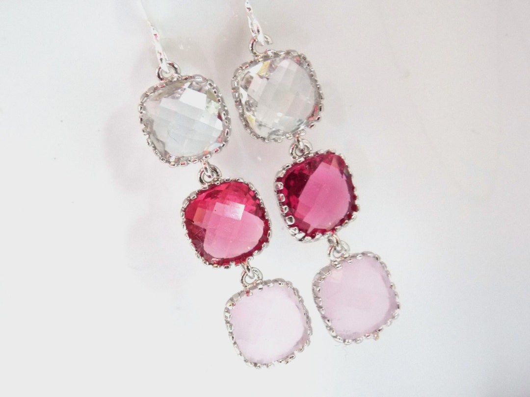 Pink Earrings, Fuschia Earrings, Fuchsia, Silver, Glass, Clear Crystal ...