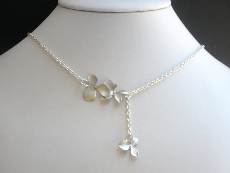 Orchid Flower Necklace, Orchid Lariat Necklace, Triple, Silver Necklace, Wedding, Bridesmaid Gifts, Bridesmaid Gift, Silver Orchid Necklace image 4