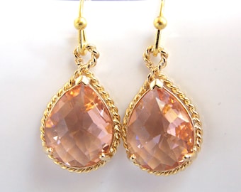 Peach Earrings, Champagne Earrings, Blush,Glass, Drop, Dangle, Gold, Wedding Jewelry, Bridesmaid Earrings, Bridal Earrings, Bridesmaid Gifts
