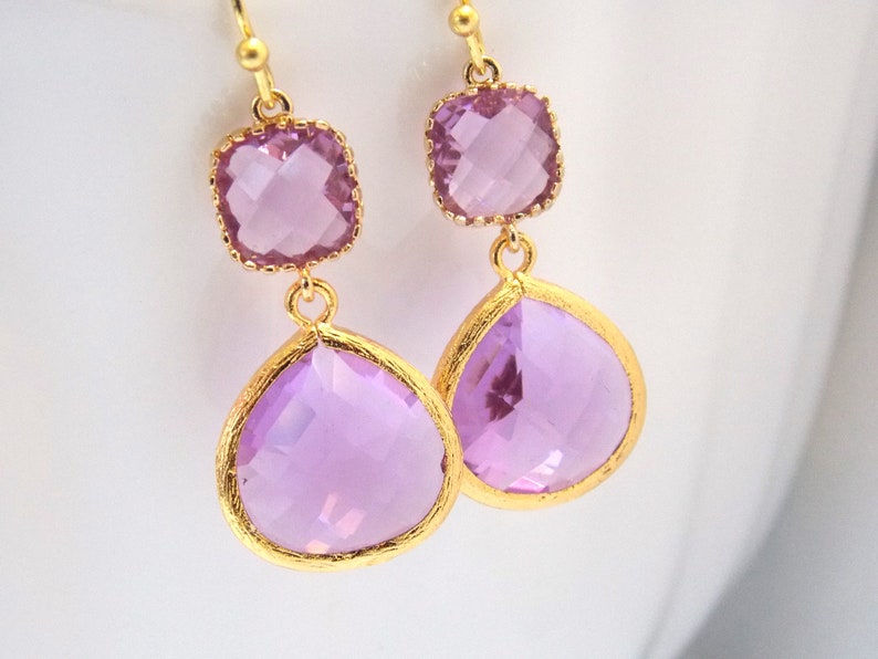 Lavender Earrings, Gold, Glass Earrings, Violet, Purple, Lilac, Bridesmaid Jewelry, Bridesmaid Earrings, Bridal Jewelry, Bridesmaid Gifts image 2