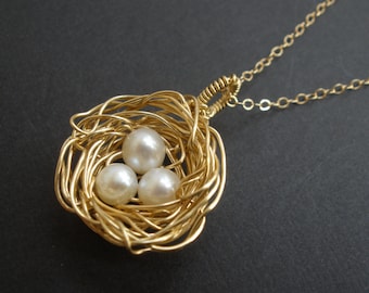 Bird Nest Necklace, Gold Nest Necklace, Gold Filled Necklace, Mother's Necklace, Fresh Water Pearl Necklace, Mother's Gift, Wire Wrapped