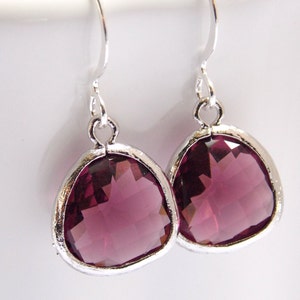 Plum Earrings, Glass Earrings, Silver Earrings, Purple, Eggplant, Burgundy, Bridesmaid Earrings, Bridal Earrings, Bridesmaid Gifts