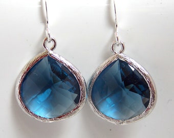 Blue Earrings, Silver Earrings, Dark Blue, Navy Blue, Montana Blue, Glass, Bridesmaid Earrings, Bridal Earrings Jewelry, Bridesmaid Gift