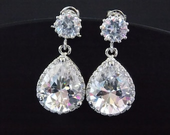 Wedding Jewelry, Wedding Earrings, Bridal Earrings, Cubic Zirconia, bride Earrings, Glass, Crystal Earrings, Silver, Bride Earrings, Dangle