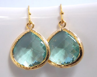 Gold Aqua Earrings, Green Earrings, Erinite, Teal, Gold, Soft Green, Mist, Bridesmaid Earrings, Bridal Earrings Jewelry, Bridesmaid Gifts